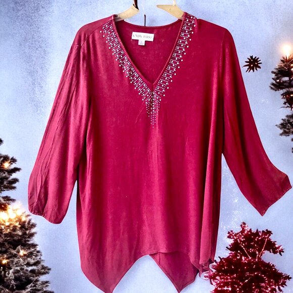 Knox Rose Blouse Top Bohemian Beaded V Neck Asymmetrical Hem size large - Picture 4 of 10
